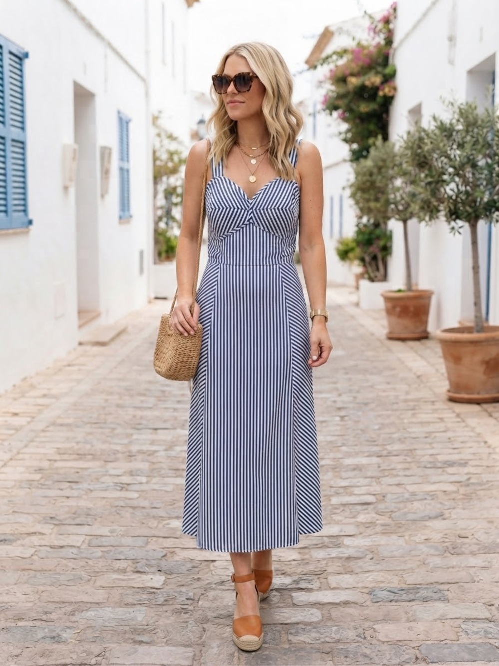 Jessica Simpson Blue White Striped Midi Dress Sweetheart Smocked M